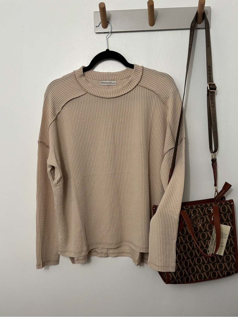 Zenana Women’s Beige Ribbed Crewneck Sweater